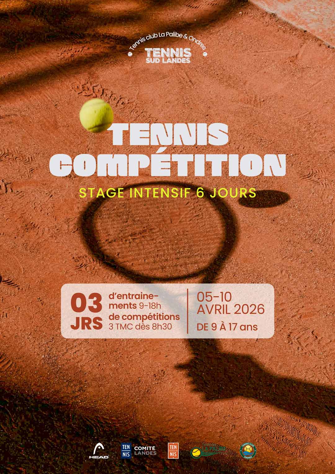 Affiche des stages intensifs de tennis Tennis Sud Landes – avril 2026